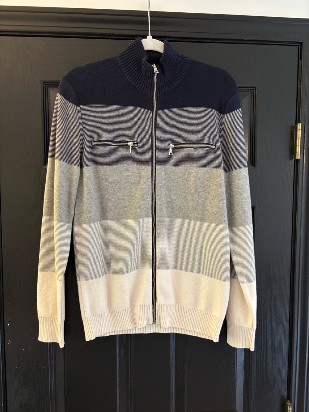 INC International Concepts Men's Full-Zip Striped Sweater - Navy, Gray & Cream